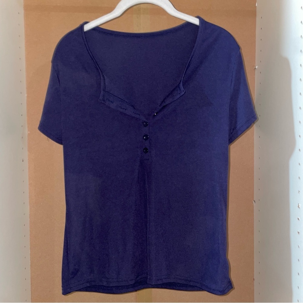 Dark Navy Blue Button Ribbed T-Shirt